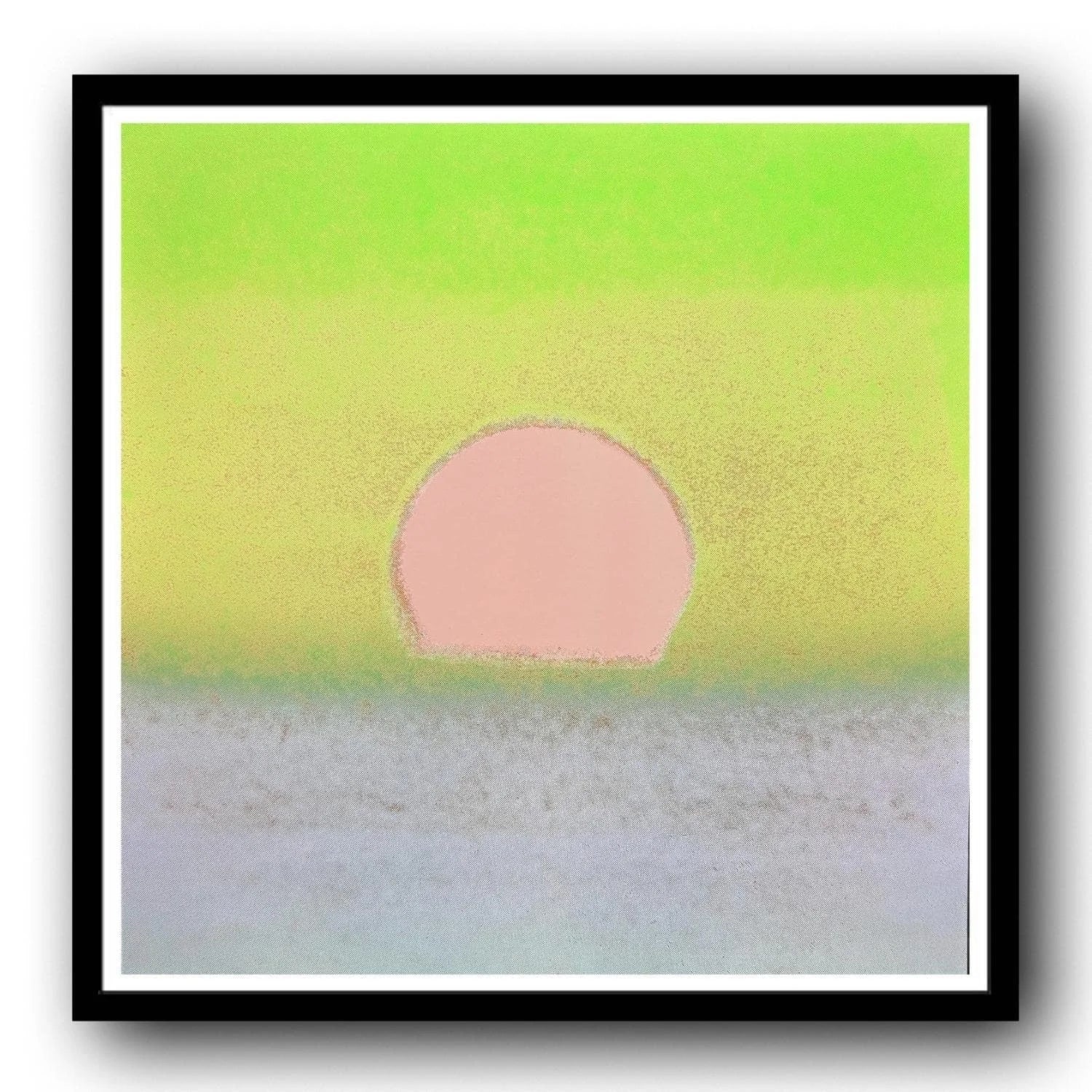 Andy Warhol Sunset #87. An abstract artwork with a pink circle sun on green to gray gradient background horizon.